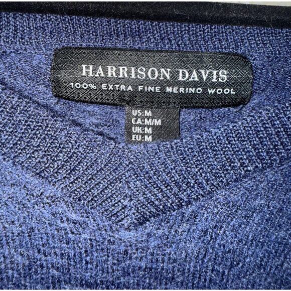 HARRISON DAVIS Men’s Medium Merino Wool V-Neck Sweater Blue Pullover Knit - Picture 2 of 5